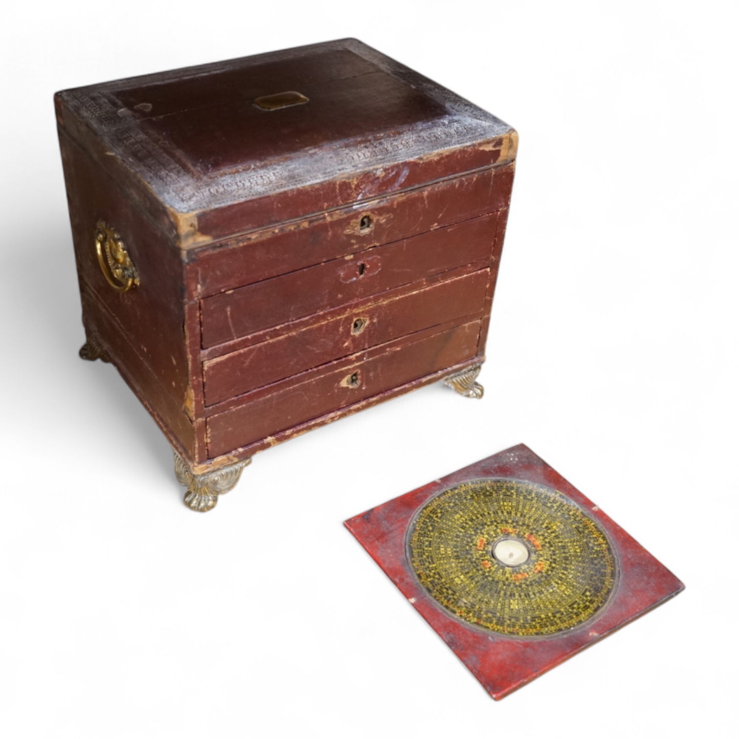 A Regency Morocco leather sewing and writing casket, 26cm and a Chinese Feng shui compass